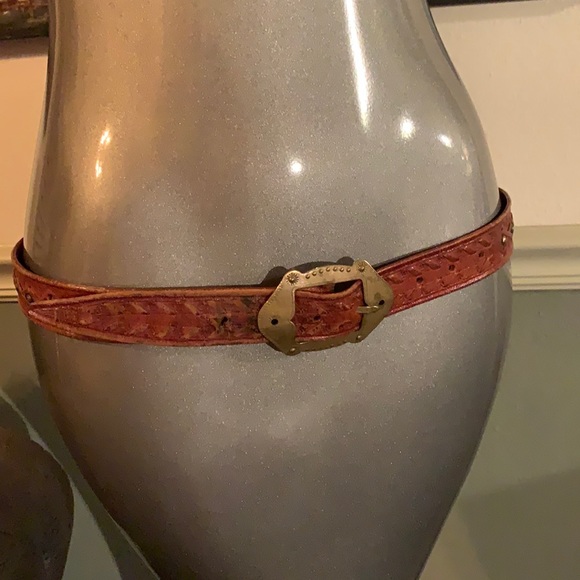 Vintage Ornate Hand Stamped Leather Belt with Brass Buckle - Picture 1 of 8
